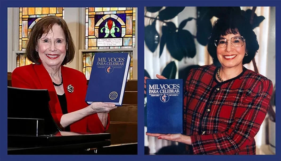 Raquel Martínez, editor of “Mil Voces Para Celebrar,” the Spanish United Methodist hymnal, is being remembered for her musical contributions and leadership in The United Methodist Church. She died April 12 at the age of 86. She is pictured at right at the launch of the hymnal in 1996, and at left, at the celebration of its 25th anniversary in 2021. Photos courtesy of the Martínez family; photo composition by the Rev. Gustavo Vásquez, UM News.