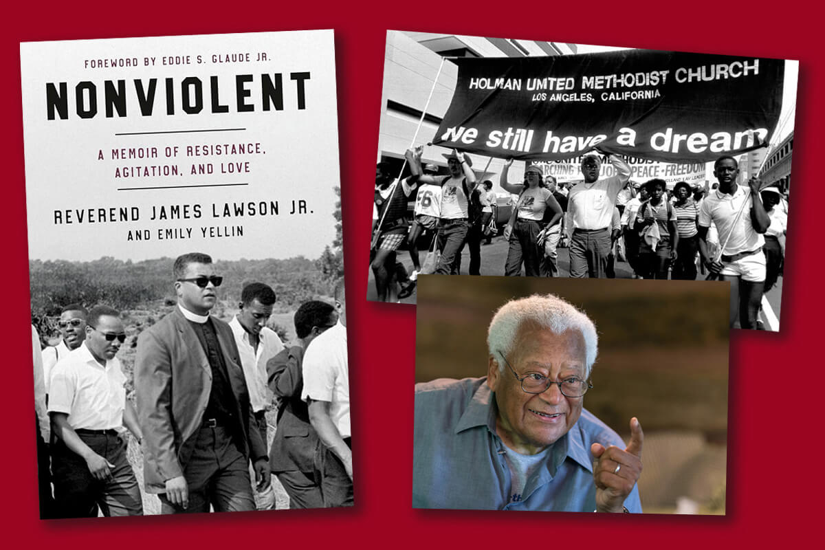 A new book, “Nonviolent: A Memoir of Resistance, Agitation and Love,”  documents the Rev. James Lawson Jr.’s prominent role working with the Rev. Martin Luther King Jr. during the Civil Rights Movement. At top right, Lawson helps lead the March for Peace, Jobs and Freedom in Washington in 1984 with members of Holman United Methodist Church. He was the longtime pastor of Holman, located in Los Angeles. At bottom right, Lawson makes a point during a 2016 interview with United Methodist News. Book cover courtesy of Random House; march by John C. Goodwin, Board of Global Ministries; portrait photo by Mike DuBose, UM News.