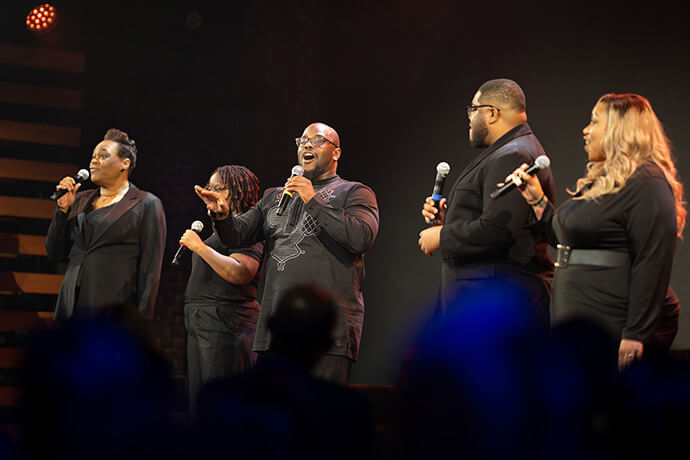 The W. Crimm Singers, a group from Tennessee State University, perform Feb. 18, at Woolworth Theatre in Nashville, Tenn., during a book launch for “Nonviolent” by the late Rev. James Lawson Jr. and Emily Yellin. Photo by Joe Howell, Vanderbilt University.