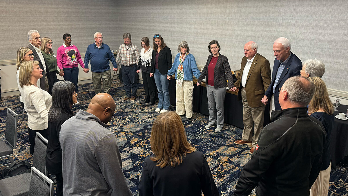 United Methodist leaders pray during a Feb. 27-28 summit in Nashville, Tenn., focused on the future of episcopal leadership. This week, the denomination’s Judicial Council will take up questions related to the allocation of U.S. bishops going forward. Photo by Andrew Jensen, General Council on Finance and Administration.
