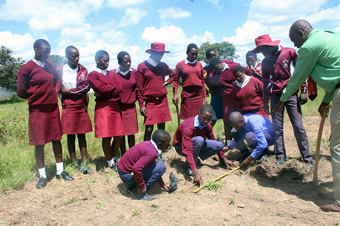Tichaona Cornelius Dzvinamurungu instructs students as they measure plants at Hanwa Mission Secondary School. Through the church’s tree-planting initiative, students practice math skills and learn about data handling and analysis. Photo by Kudzai Chingwe, UM News. 