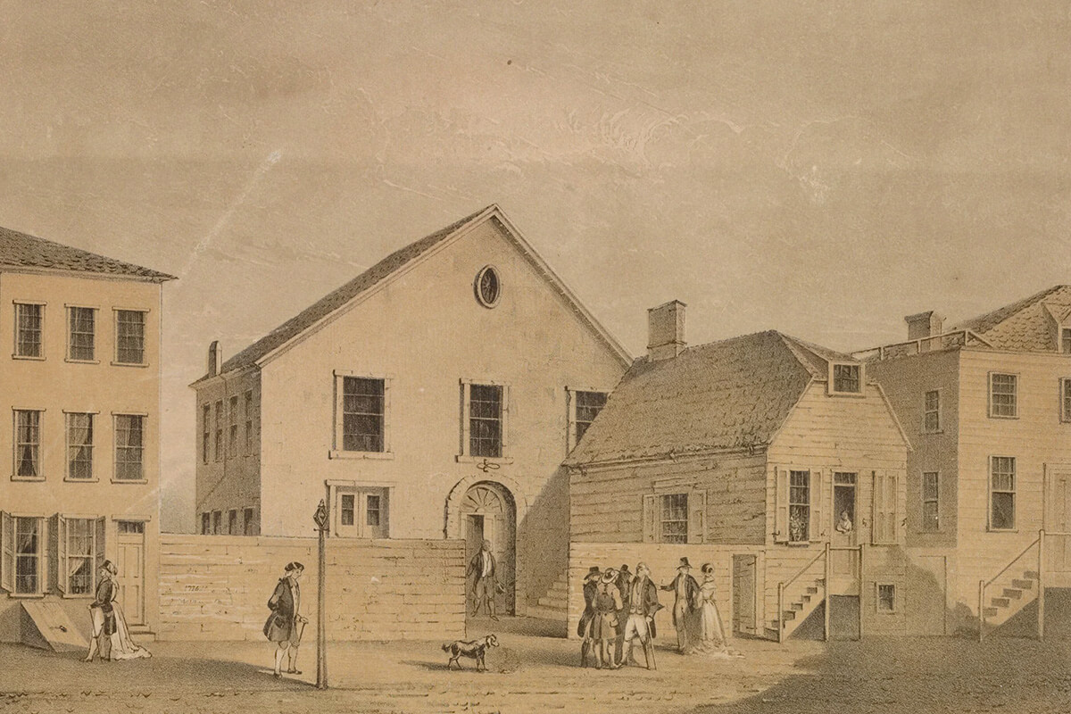 An illustration shows Wesley Chapel, built in 1768 and located in downtown Manhattan. The chapel was the first meeting house of John Street United Methodist Church, the New York City church that grew out of the first Methodist Society in North America and still worships near Wall Street today. The church played a role in balancing civic responsibility in the early days of the U.S. republic and faithfulness to God. Photo courtesy of John Street United Methodist Church. 
