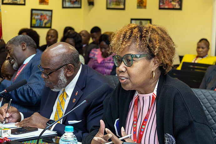 The Rev. Candace Lewis, president/dean of Gammon Theological Seminary, speaks during discussions at the Africa University board meetings in March.  The Zimbabwean school hopes to benefit from partnership with the historically Black theological institution. Lewis was one of the new board members introduced at the gathering. Photo courtesy of Africa University Advancement and Public Affairs Office.