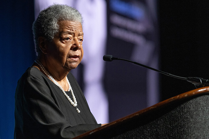 Elizabeth Eckford gives the keynote address during the United Women in Faith Legacy Dinner at their 2026 Assembly in Indianapolis. Eckford is a member of the Little Rock Nine, the nine African American students who desegregated Little Rock Central High School in 1957. Photo by Mike DuBose, United Women in Faith.