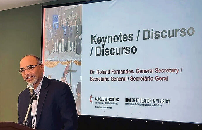 Roland Fernandes speaks during the Latin America and Caribbean Mission Consultation in Panama City, Panama, in July 2025.  File photo by the Rev. Gustavo Vasquez, UM News.