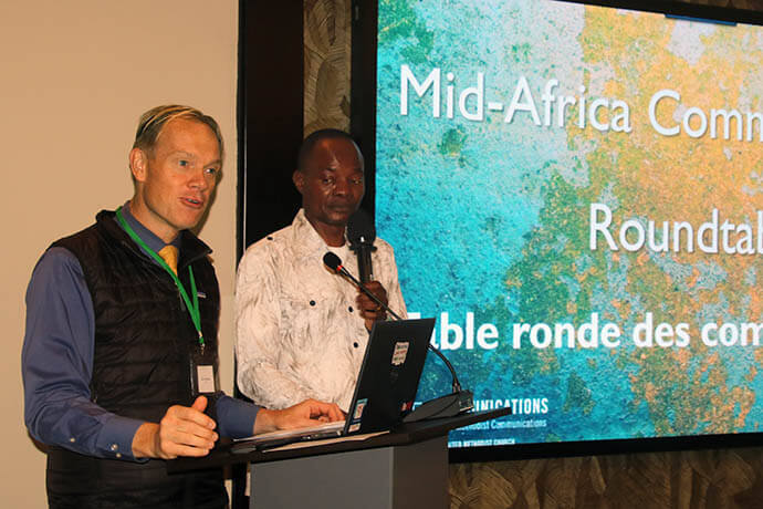 Dan Krause, top executive of United Methodist Communications, presents the objectives of the Mid-Africa Communications Roundtable in Dar es Salaam, Tanzania. During his remarks, he highlighted the agency’s commitment to providing a “comprehensive package” of support, ranging from the installation of solar systems to the training of communicators, to ensure that every local church can make its voice heard. Photo by Chadrack Tambwe Londe, UM News.