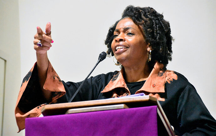 Bishop Cynthia Moore-Koikoi, who leads the Greater New Jersey and Eastern Pennsylvania conferences, speaks during the Northeastern Jurisdiction Commission on Archives and History annual meeting held May 12-14 at historic Pennington United Methodist Church in Pennington, N.J. She urged members to “lead us, because you know what the Methodist movement was able to do when it was woke. You can remind us of who we have been and who God has been for us.” Photo by John W. Coleman, UM News.