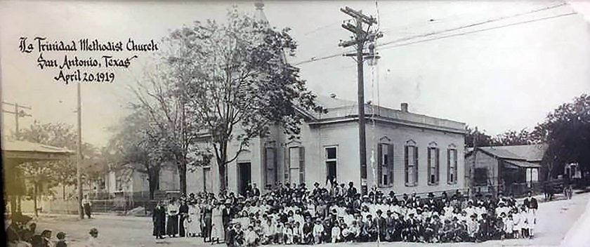 Members of La Trinidad United Methodist Church pose in front of the church building in 1919. The church, San Antonio’s oldest Hispanic Protestant congregation, is marking its 150th anniversary while renewing its commitment to serving new generations and immigrant families. File photo courtesy of La Trinidad United Methodist Church.