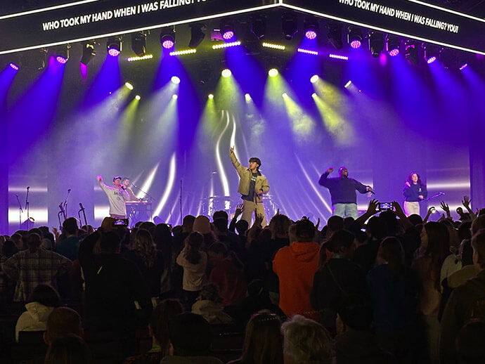 Frvr Free performs for over 3,300 attendees at the Holston Conference’s 2025 Resurrection youth retreat. The event, held each January in the Smoky Mountains at Pigeon Forge, Tennessee, celebrated its 40th anniversary this year. File photo by Don Thomas.