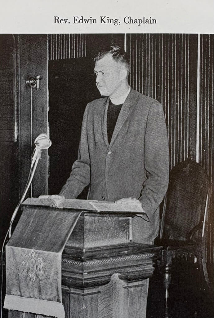 The Rev. Ed King stands at the lectern in Tougaloo College’s Woodworth Chapel. 1966 photo by the Tougaloo Eaglet, courtesy of Tougaloo College.
