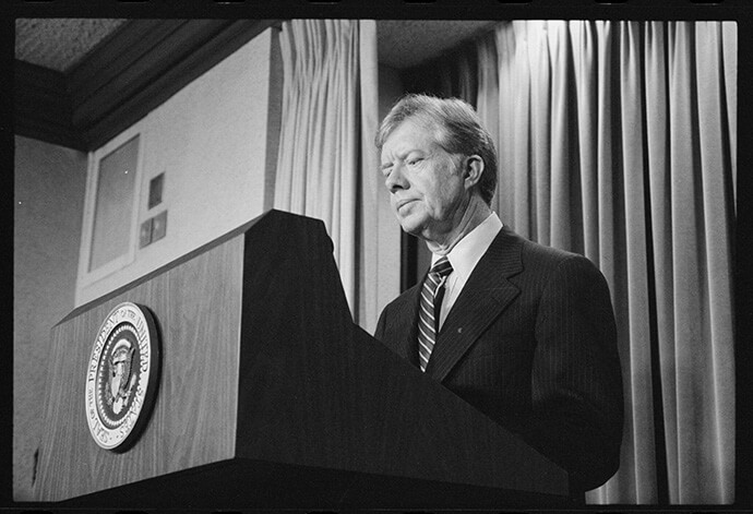 President Jimmy Carter announces new sanctions against Iran in retaliation for taking U.S. hostages in this 1980 file photo. A United Methodist delegation met with Carter on April 23, 1980, during General Conference, to promote a spirit of reconciliation amid the hostage crisis. In a letter back to the legislative assembly, Carter wrote that he appreciated the offer of prayers and support from United Methodists. Photo by Marion S. Trikosko, Library of Congress. 