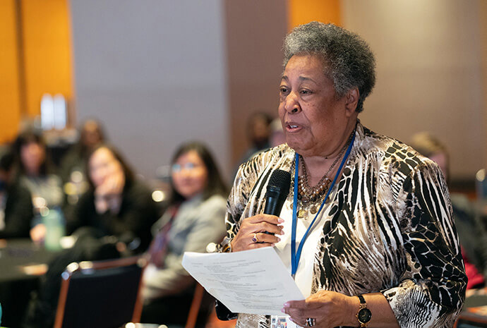 Clara Ester addresses a briefing for women delegates to the 2024 United Methodist General Conference in Charlotte, N.C. The lifelong United Methodist and civil rights advocate held numerous leadership roles in The United Methodist Church. File photo by Mike DuBose, UM News.