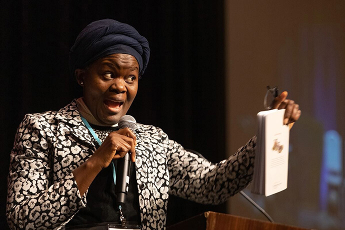 The Rev. Betty Kazadi Musau answers a question during a panel discussion at the 2020 Pre-General Conference briefing in Nashville, Tenn. Kazadi Musau has worked in communications for The United Methodist Church in North Katanga, Congo, for more than 20 years. File photo by Mike DuBose, UM News.