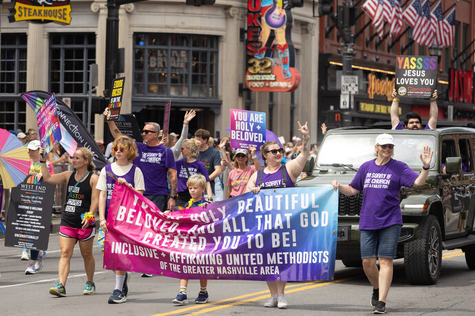 Members of the Glendale United Methodist Church community in Nashville, Tenn., march with other affirming United Methodists in the Nashville Pride Parade on June 27. From left front are the Rev. Stephanie Dodge, Ella Murdock, Harrison Grant, Ashley Thompson and Ginger Bennett.