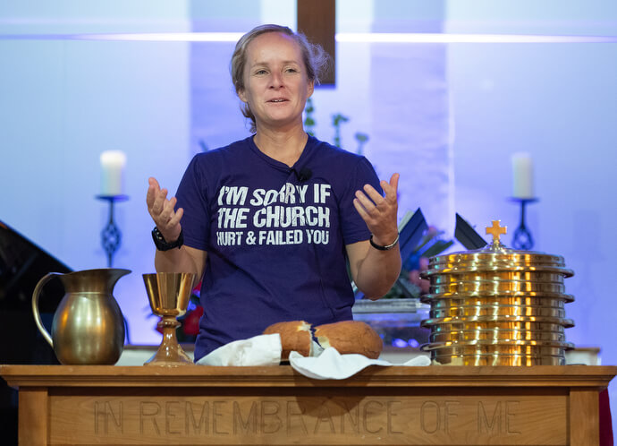 The Rev. Stephanie Dodge blesses the elements of Holy Communion during worship at Glendale United Methodist Church.