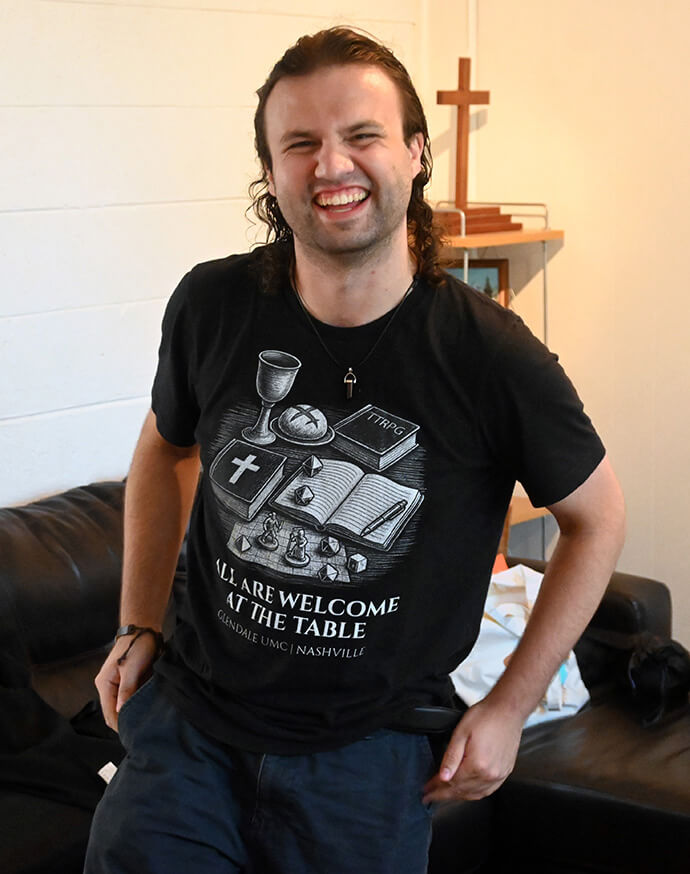 Brent Cleghorne models a T-shirt promoting the intersection of role-playing games with Christianity at Glendale United Methodist Church in Nashville, Tenn. Photo by Jim Patterson, UM News. 