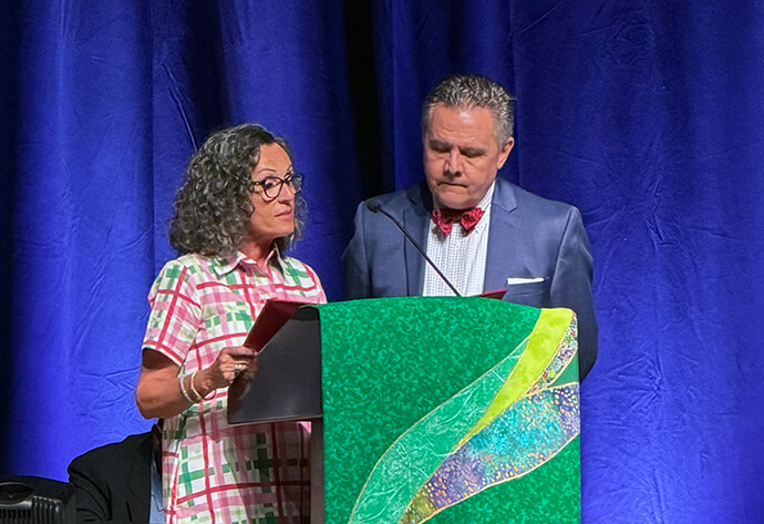 Kim Powell, lay leader for the North Georgia Conference, and Scott Cleaveland, lay leader for the South Georgia Conference, present the petition for unification of the conferences to Southeastern Jurisdictional Conference delegates during a special called conference held online on Aug. 11. Photo by Kelly Roberson, UM News. 