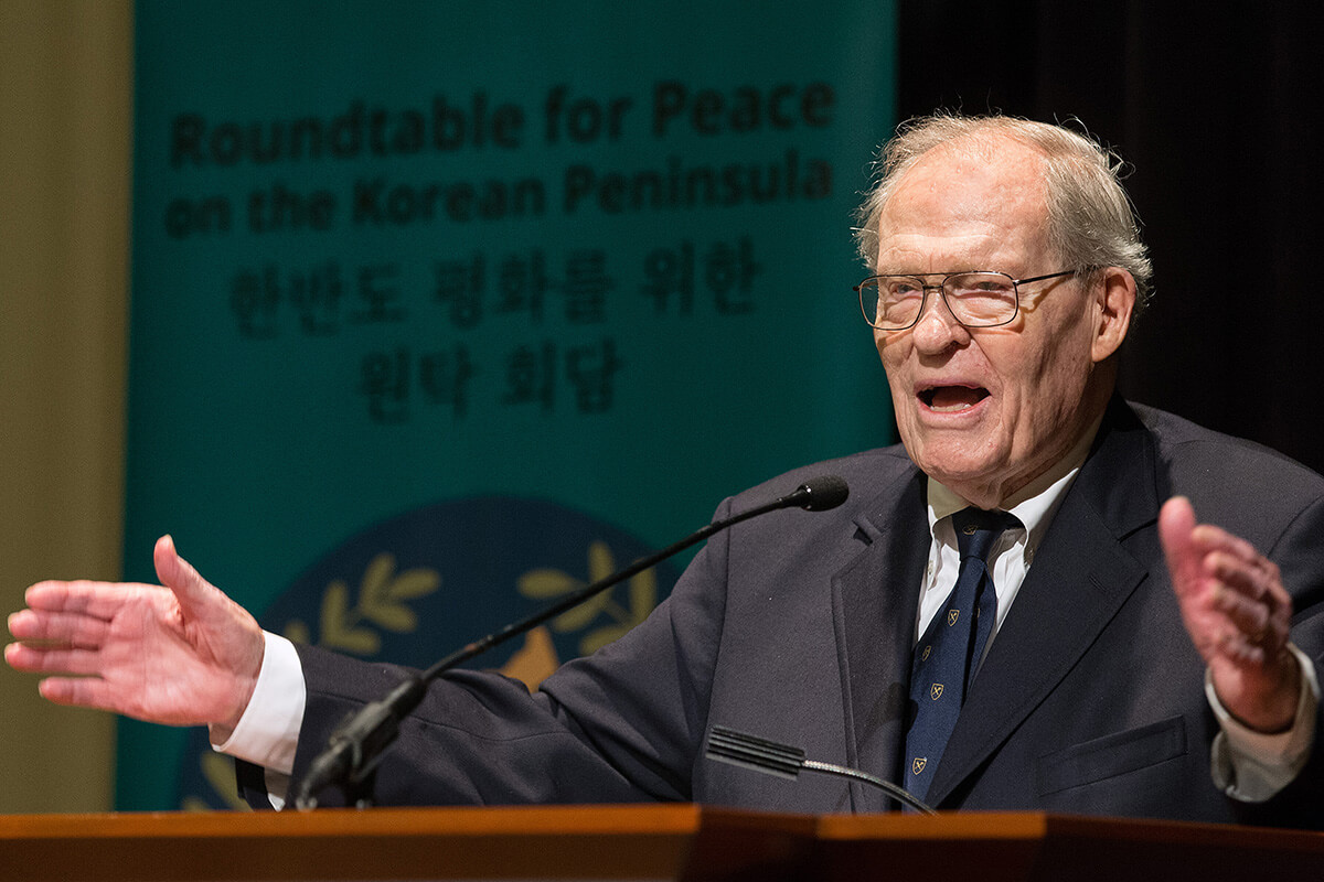 The Rev. James T. Laney speaks during the Roundtable for Peace on the Korean Peninsula in Atlanta in 2018. Laney, former U.S. Ambassador to South Korea and lifelong advocate for peace and reconciliation on the Korean peninsula, died Aug. 13. He was 98. File photo by Mike DuBose, UM News.