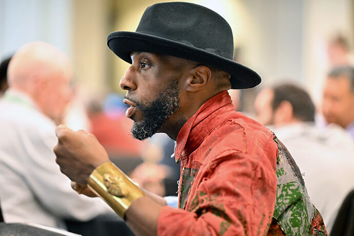 The Rev. Winterbourne Harrison-Jones, pastor of Witherspoon Presbyterian Church in Indianapolis, speaks during the AI and Church Summit in Nashville, Tenn. Harrison-Jones delivered the closing sermon of the conference. Photo by Rich Copley, multimedia producer at the Presbyterian Church (U.S.A.).