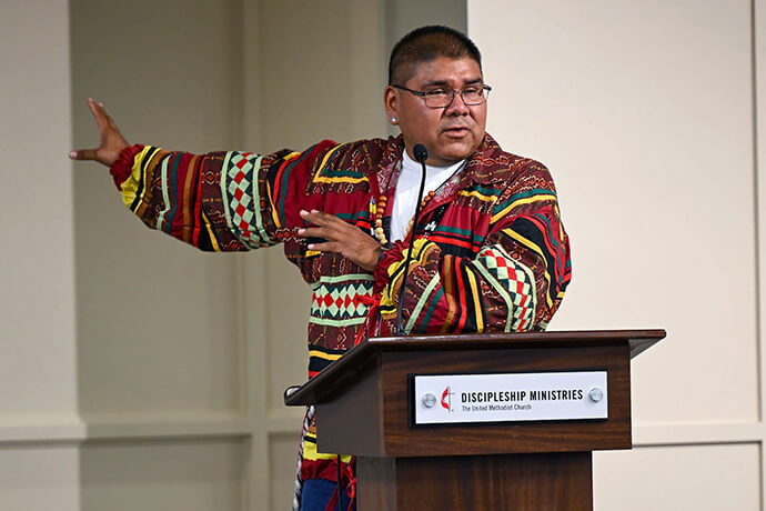 Chebon Kernell, executive director for the United Methodist Native American Comprehensive Plan, speaks Aug. 24 during the AI summit in Nashville, Tenn. Kernell argued that the artificial intelligence movement can still be halted. Photo by Rich Copley, multimedia producer at the Presbyterian Church (U.S.A.).