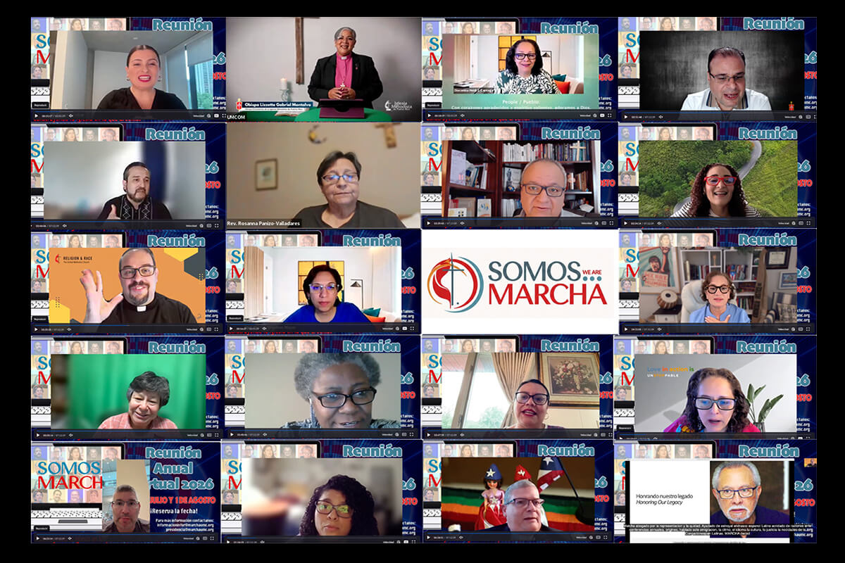 Members of MARCHA discuss priorities during their online annual meeting, held July 31-Aug. 1. The caucus replaced its in-person meeting with a virtual gathering due to concerns that members of the Hispanic-Latino community could be detained while traveling under the Trump administration’s immigration policies. Advocacy for immigrant communities will remain a priority for the group, members said. Photo composition by the Rev. Gustavo Vasquez, UM News.