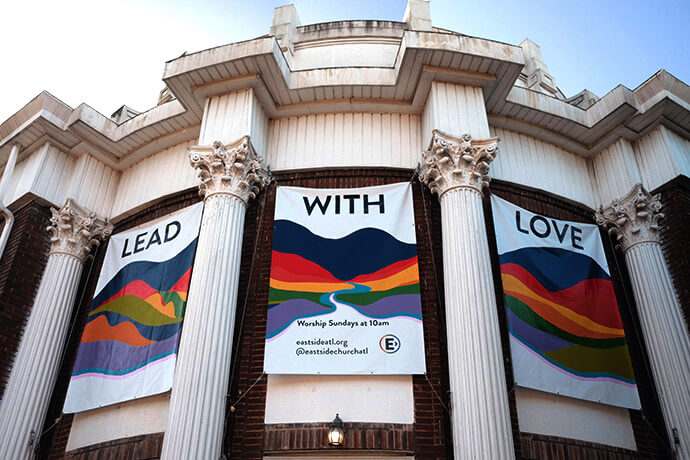 The entrance of Eastside Church in Atlanta displays its commitment to spreading God’s love. The church’s mission is to “practice resurrection.” Wesleyan Impact Partners says relatively small churches like Eastside thrive through a strong sense of identity and trusting relationships both within the church and in its wider community. Photo by Karina Aragon-Buchanan, Eastside Church.