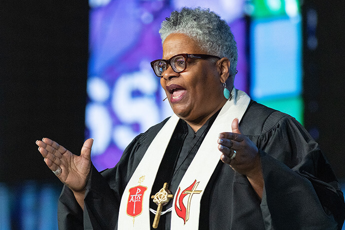 Bishop LaTrelle Miller Easterling gives the sermon during morning worship at the 2024 United Methodist General Conference in Charlotte, N.C. Easterling announced Sept. 20 “with regret” that the Baltimore-Washington Conference filed a federal lawsuit against a church. The lawsuit, she said, is necessary to defend The United Methodist Church’s provision that holds all church property in trust for the benefit of the denomination. File photo by Mike DuBose, UM News.