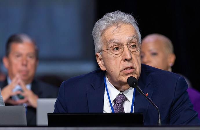Bishop Rubén Saenz Jr., who leads the Horizon Texas Conference, presides during the 2024 United Methodist General Conference on May 1 in Charlotte, N.C. The Horizon Texas Conference is locked in a legal battle with its largest congregation, Highland Park United Methodist Church in Dallas, over changes the church council made in 2022 to the church’s corporate documents. Saenz also is Council of Bishops president. File photo by Larry McCormack, UM News. 
