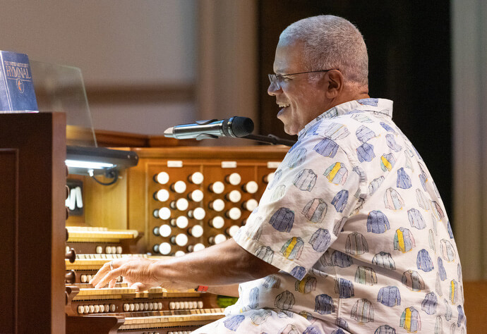 Noted composer and music leader Mark Miller plays the pipe organ at Belmont United Methodist Church in Nashville, Tenn., during the Fusion 2026 Worship Music Conference.