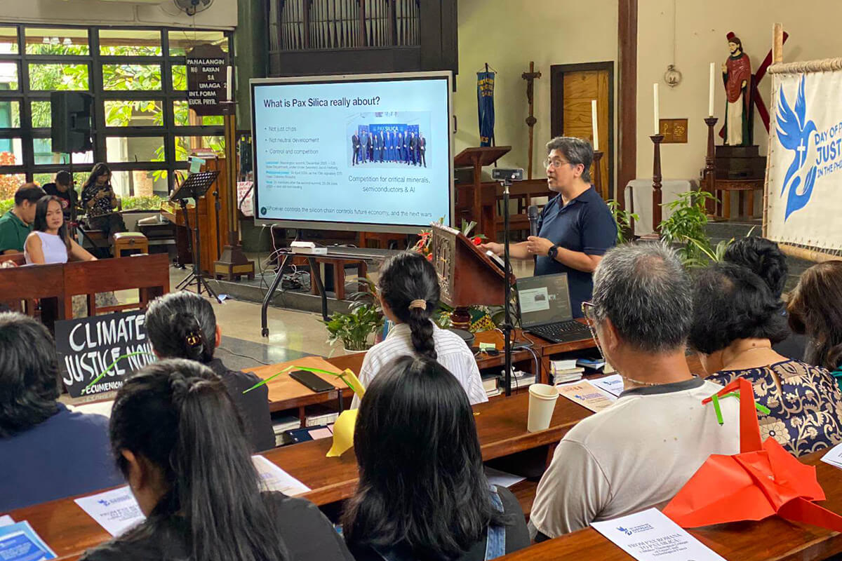 Giovanni Tapang, a scientist and spokesperson of Advocates of Science and Technology for the People , speaks to an ecumenical gathering in Quezon City about the proposed Pax Silica development in New Clark City, Tarlac, and its possible implications for communities, Indigenous Peoples, natural resources and Philippine sovereignty. Photo courtesy of the National Council of Churches in the Philippines.