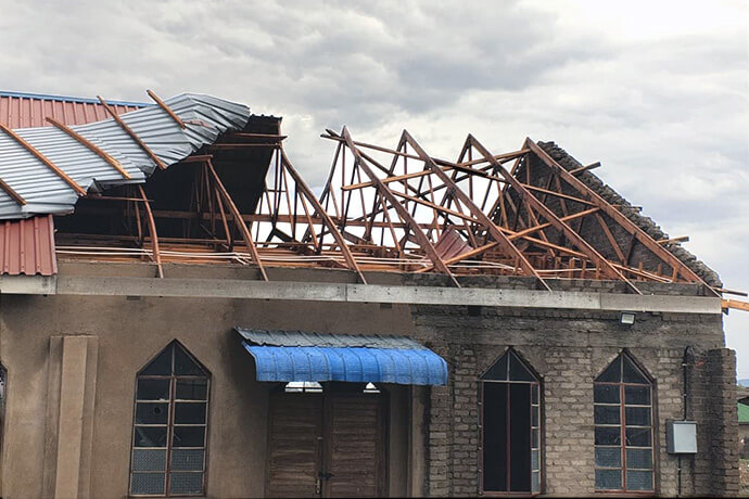 The roof of Rujeko United Methodist Church’s sanctuary was ripped off and the ceiling collapsed leaving the building uninhabitable in the wake of the storm which struck Masvingo town Oct. 5.  All windows were shattered and the pastor’s office was also destroyed leaving members without a place for worship services.  Photo by Pastor Samuel Maunga, UM News.
