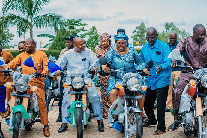 Bishop Ande I. Emmanuel (second from left) and other episcopal leaders try out the newly acquired motorcycles at a handover ceremony in Jalingo, Nigeria. Built to handle rugged terrain, the vehicles will make it possible to reach isolated villages to plant churches, win souls and support pastoral work more effectively. Photo by Joseph Dauda Idris Balasa, UM News.