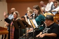 A multigenerational choir and praise band help lead worship Oct. 4 at the 100th anniversary celebration of First United Methodist Church in Portland, Texas, a city on the Gulf Coast. The church offers an example of the growing number of professions of faith through confirmation that U.S. United Methodist churches saw last year. Photo by George Banda, Rio Texas Conference.