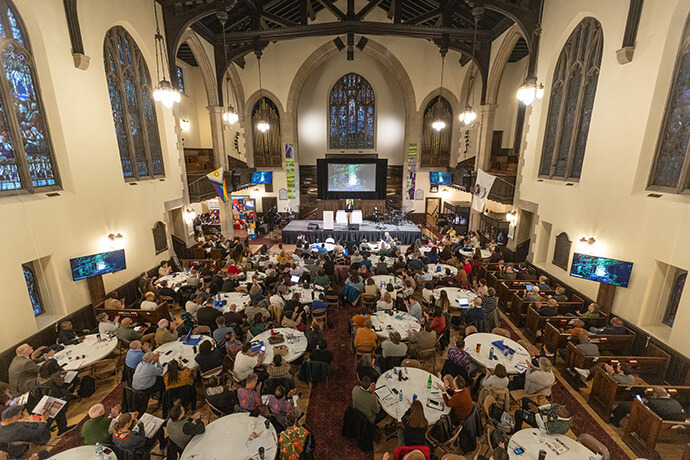 Participants in the United Methodist Leadership Gathering  listen to a presentation in the sanctuary at Knox United Church in Calgary, Canada. Photo by Mike DuBose, UM News.
