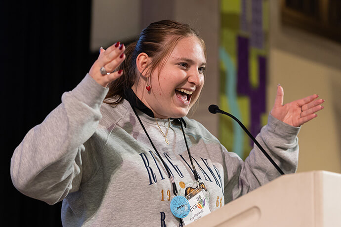 Eva Ellenburg helps share the recommendations of the discipleship cohort on Oct. 23 during the United Methodist Leadership Gathering at Knox United Church in Calgary, Canada. Photo by Mike DuBose, UM News.