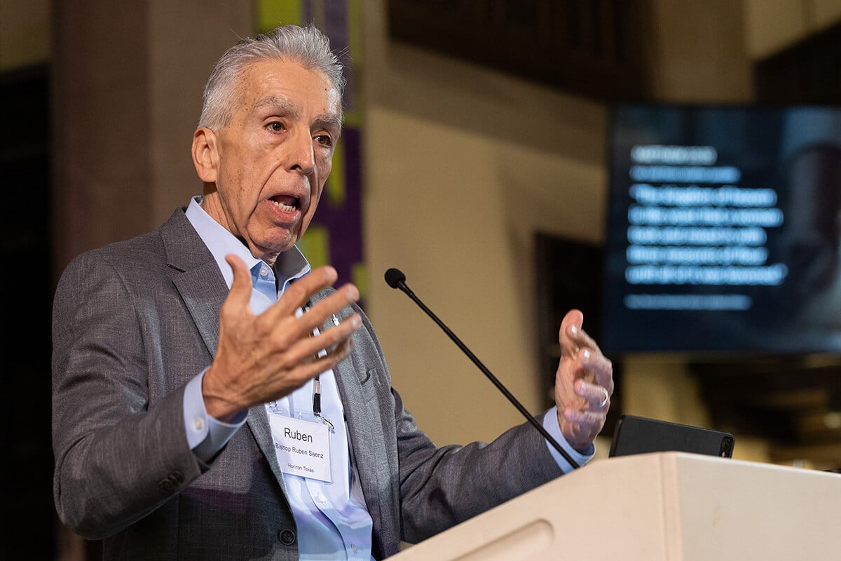 Bishop Rubén Saenz Jr. gives the sermon during morning worship at the United Methodist Leadership Gathering Oct. 21 at Knox United Church in Calgary, Canada. The Horizon Texas Conference bishop announced Oct. 29 that he has appointed a new pastor to Highland Park United Methodist Church in Dallas after the church held a congregational vote to cut ties with the denomination. Photo by Mike DuBose, UM News.