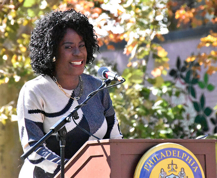 Philadelphia Mayor Cherelle Parker speaks Oct. 7 during a street renaming celebration in honor of Bishop Richard Allen, the formerly enslaved Methodist preacher who founded the African Methodist Episcopal Church in 1816. Photo by John W. Coleman, UM News. 